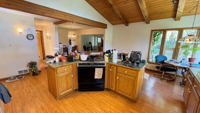 kitchen featuring pendant lighting, kitchen peninsula, black electric range, a chandelier, and light hardwood / wood-style floors