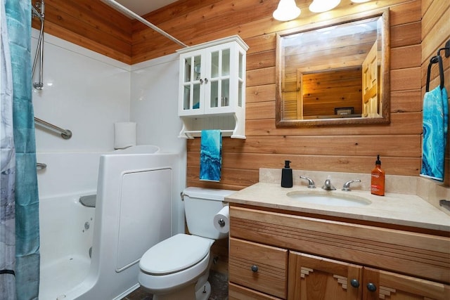 bathroom with toilet, wooden walls, vanity, and a shower with curtain