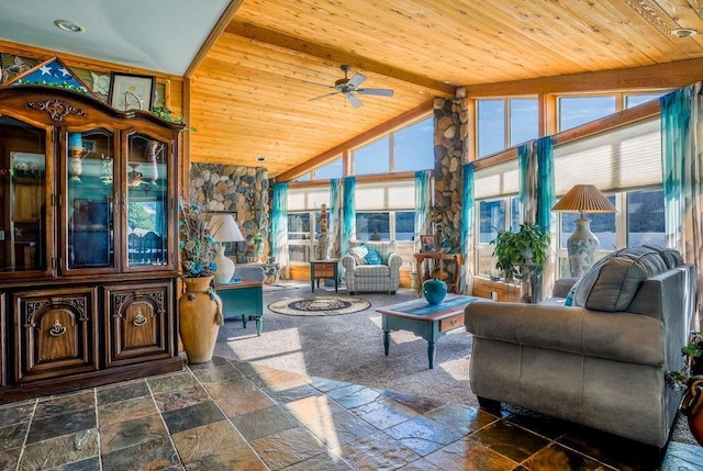 living room featuring ceiling fan, wooden ceiling, high vaulted ceiling, and beamed ceiling