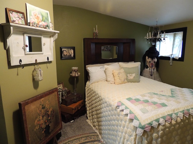 carpeted bedroom with an inviting chandelier