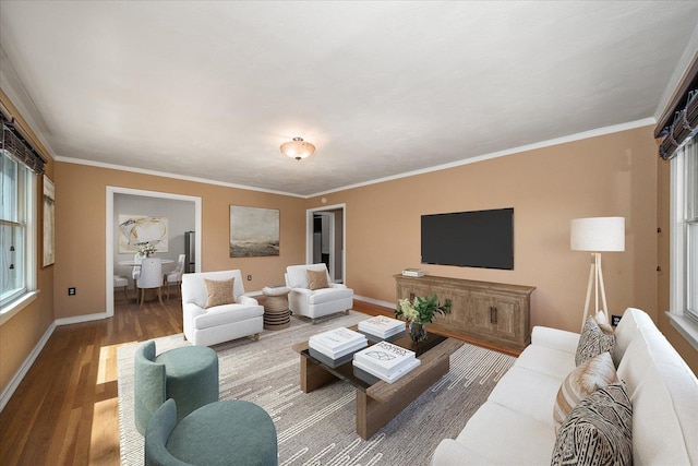 living room with ornamental molding and hardwood / wood-style flooring