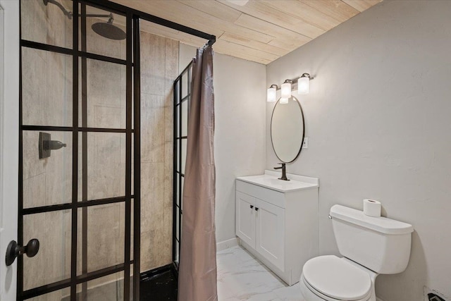 bathroom featuring toilet, baseboard heating, wood ceiling, a shower with shower curtain, and vanity