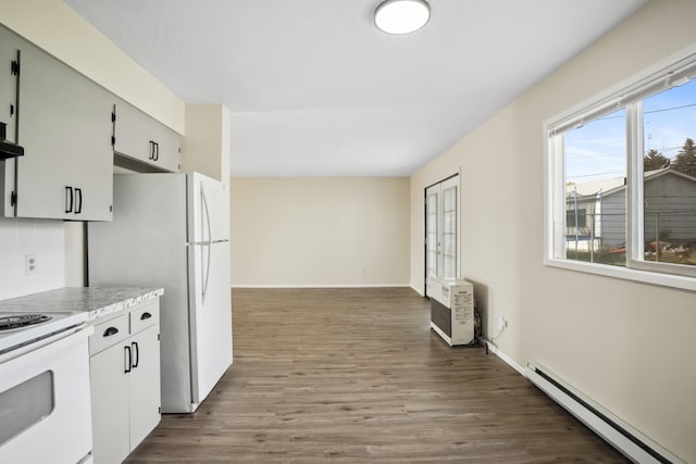 kitchen featuring dark hardwood / wood-style floors, white appliances, white cabinetry, and a baseboard radiator