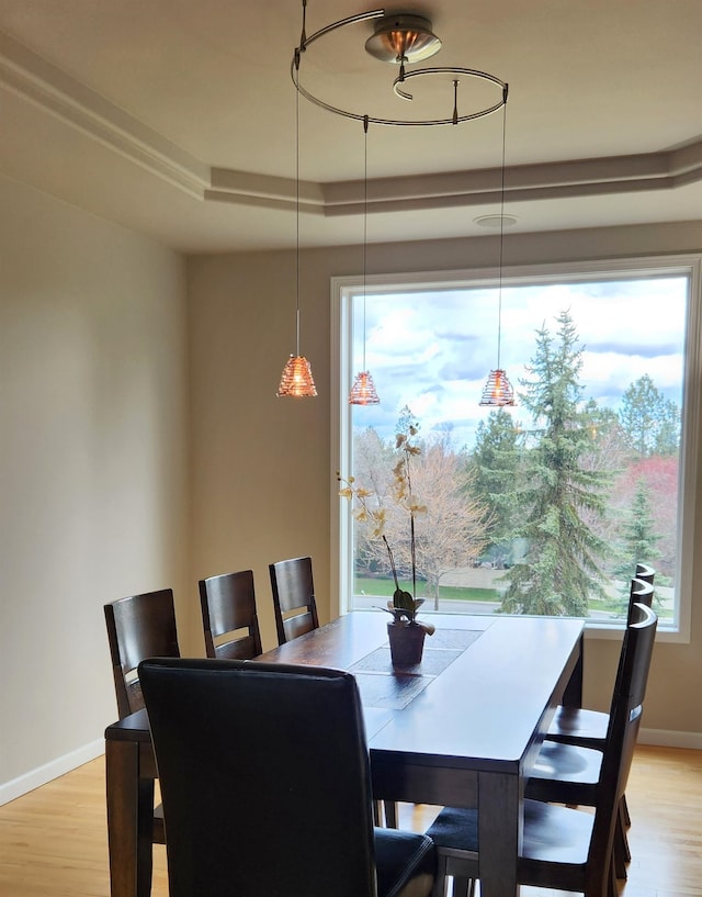 dining area featuring light wood-type flooring, a wealth of natural light, and a raised ceiling