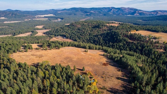 bird's eye view with a wooded view and a mountain view
