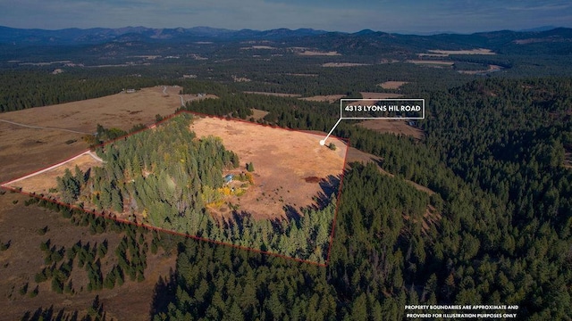 drone / aerial view featuring a wooded view and a mountain view