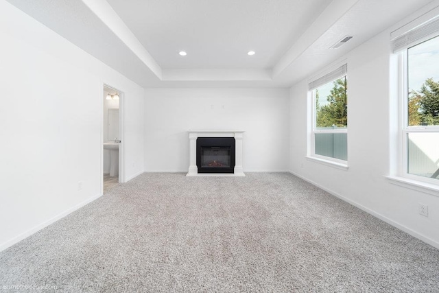 unfurnished living room with carpet and a tray ceiling