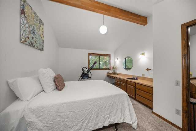 bedroom with vaulted ceiling with beams and light colored carpet