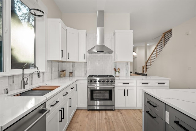 kitchen with appliances with stainless steel finishes, white cabinetry, light hardwood / wood-style floors, wall chimney exhaust hood, and sink