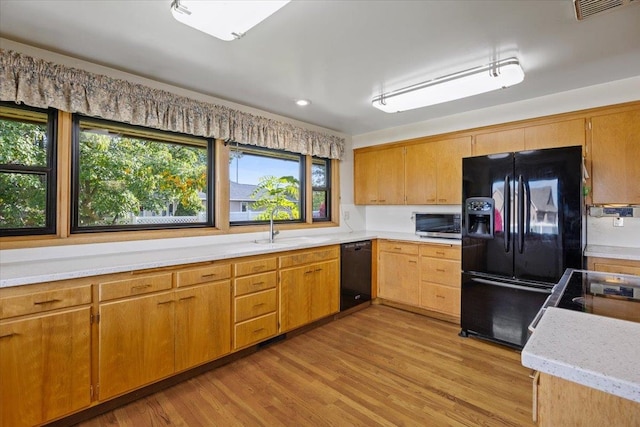 kitchen featuring sink, black appliances, light wood-type flooring, and plenty of natural light