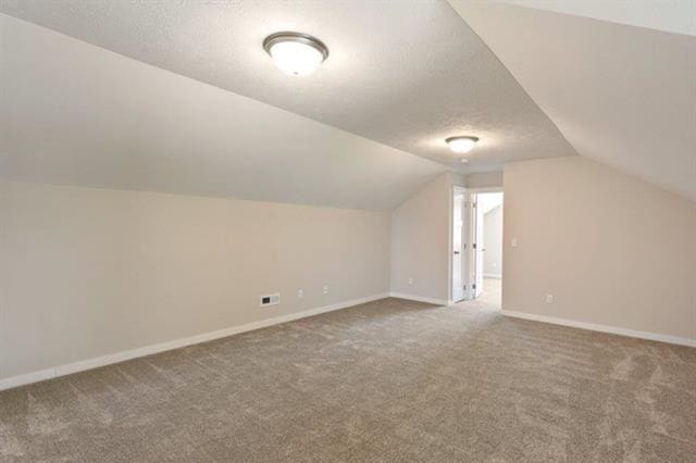 additional living space featuring carpet, vaulted ceiling, and a textured ceiling