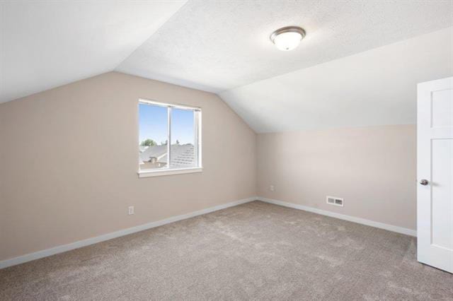 additional living space with light carpet, lofted ceiling, and a textured ceiling