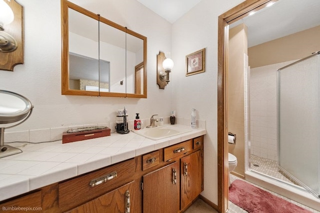 bathroom featuring vanity, toilet, and a shower with door