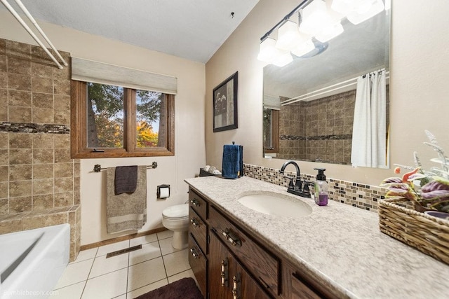 full bathroom with tasteful backsplash, shower / bathtub combination with curtain, toilet, vanity, and tile patterned floors