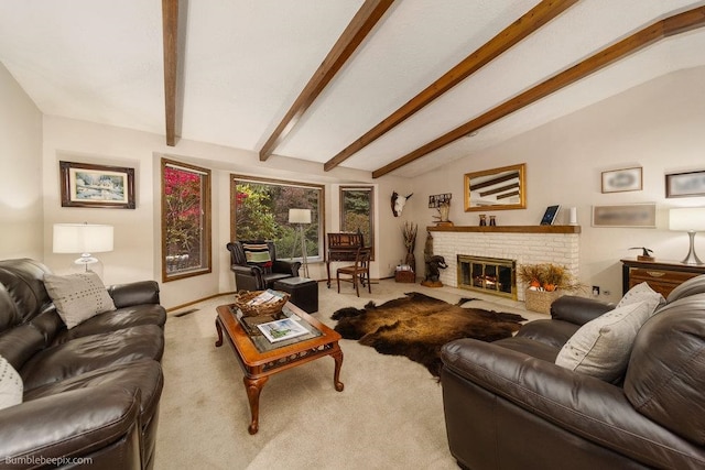 living room with lofted ceiling with beams, light colored carpet, and a brick fireplace