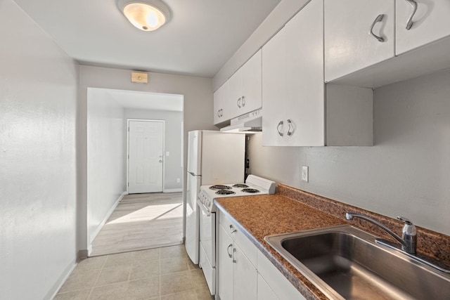 kitchen with white range with electric stovetop, white cabinets, sink, and exhaust hood