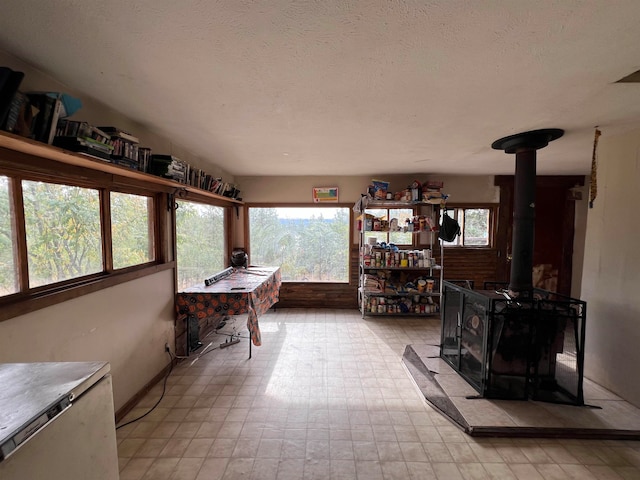 interior space featuring a wood stove