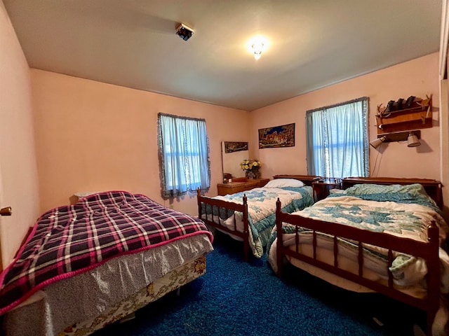 carpeted bedroom featuring multiple windows