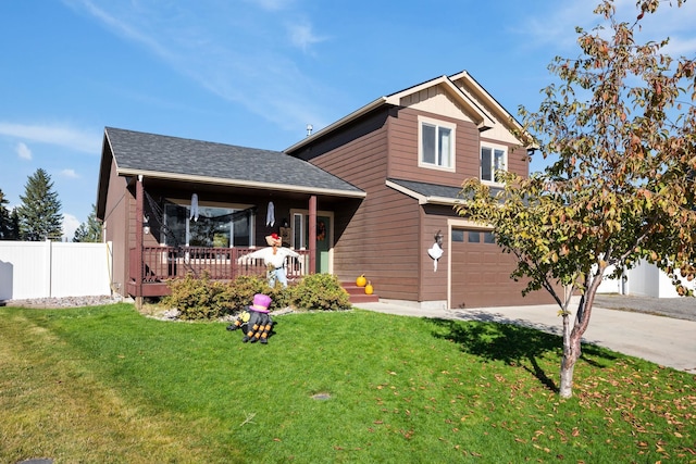 view of front of home featuring covered porch, a front lawn, and a garage