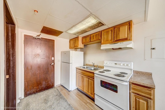 kitchen featuring light hardwood / wood-style flooring, electric panel, sink, and white appliances