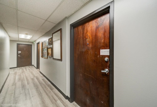 hallway featuring a paneled ceiling and light wood-type flooring