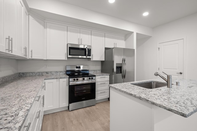 kitchen featuring light wood-type flooring, a sink, white cabinets, stainless steel appliances, and recessed lighting