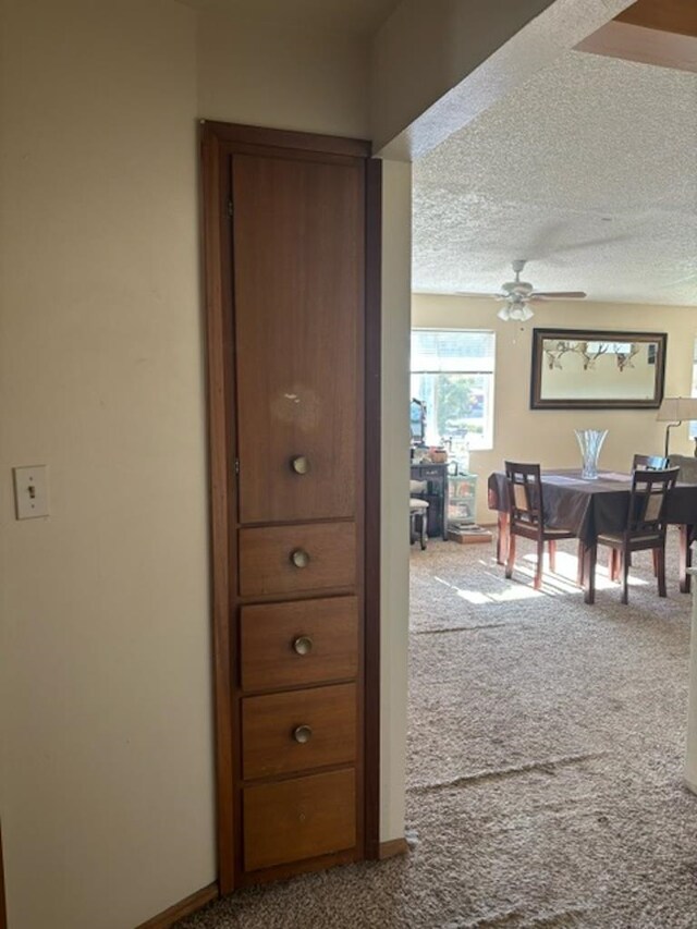 hallway with a textured ceiling and carpet flooring