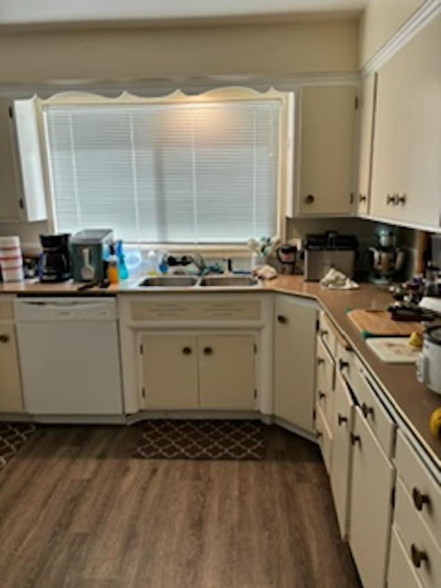 302 N Argonne Rd, Spokane Valley, WA 99212 - kitchen featuring white dishwasher, a sink, dark wood-style floors, and white cabinets