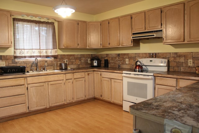 kitchen featuring under cabinet range hood, light wood finished floors, white electric range, and a sink