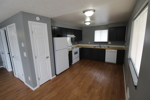 kitchen featuring a textured ceiling, hardwood / wood-style flooring, sink, and white appliances