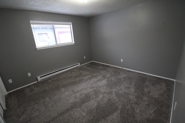 unfurnished room with a textured ceiling, carpet floors, and baseboard heating