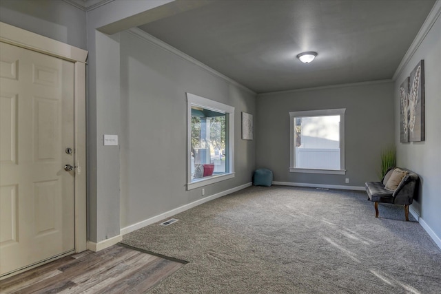 foyer with ornamental molding, carpet, and plenty of natural light