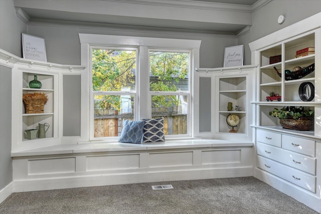 interior space with carpet flooring and ornamental molding