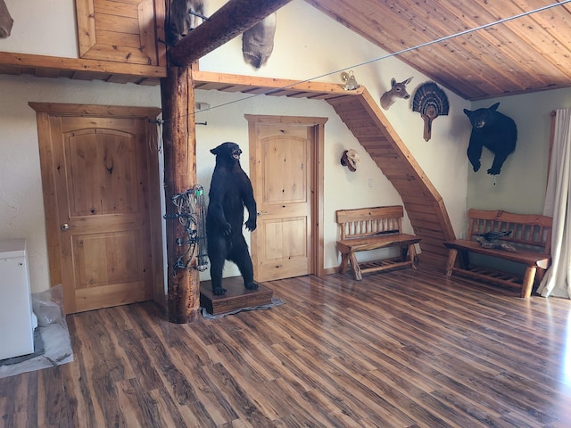 interior space featuring wooden ceiling and dark hardwood / wood-style flooring