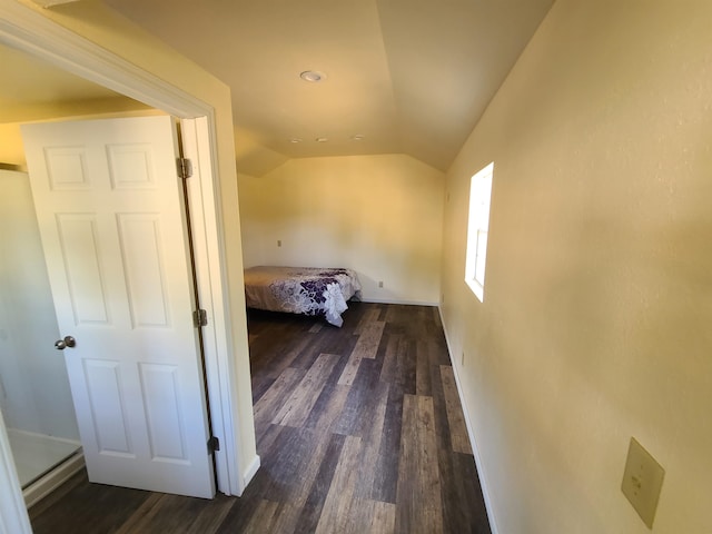 interior space with dark wood-type flooring and lofted ceiling