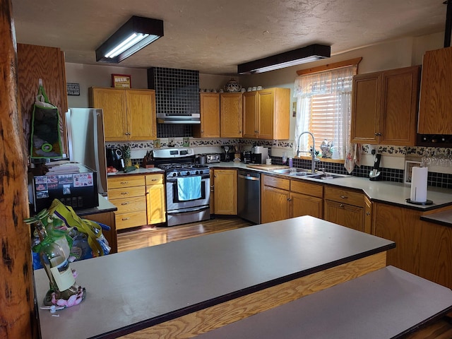 kitchen featuring appliances with stainless steel finishes, decorative backsplash, sink, and dark hardwood / wood-style flooring