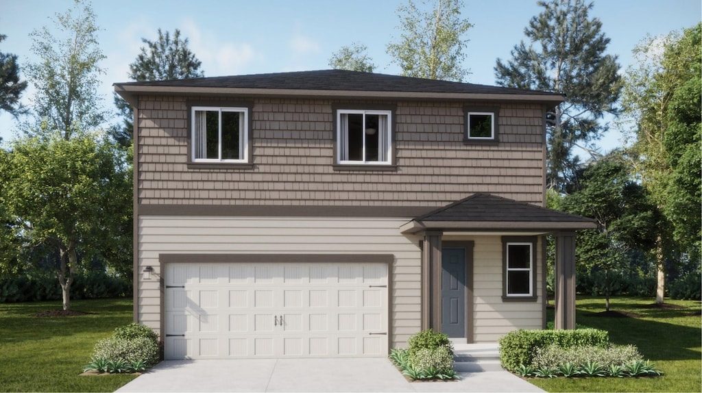 traditional home featuring a front yard, driveway, and an attached garage