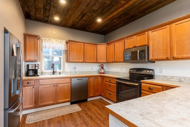 kitchen with sink, appliances with stainless steel finishes, dark hardwood / wood-style floors, and wooden ceiling