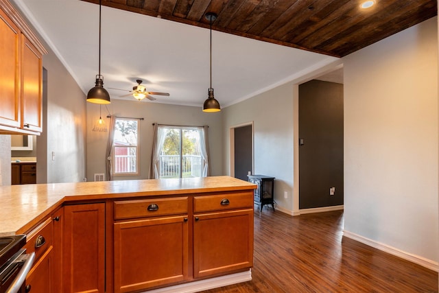 kitchen with hanging light fixtures, ceiling fan, wooden ceiling, stainless steel electric range oven, and dark hardwood / wood-style floors