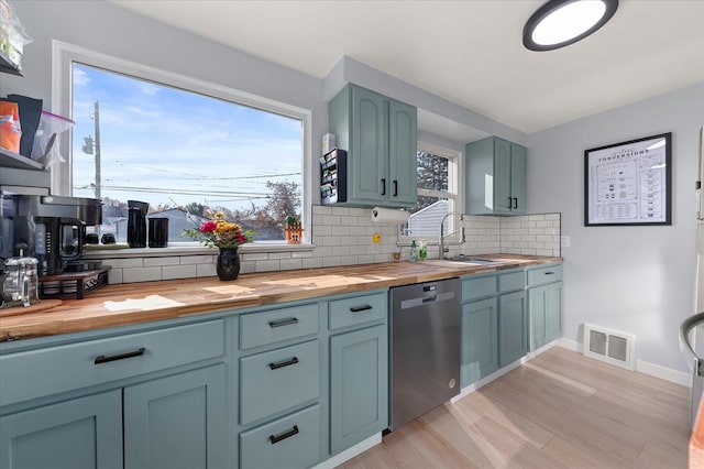 kitchen with visible vents, a sink, butcher block countertops, dishwasher, and tasteful backsplash