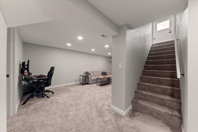 carpeted office with recessed lighting, baseboards, and visible vents