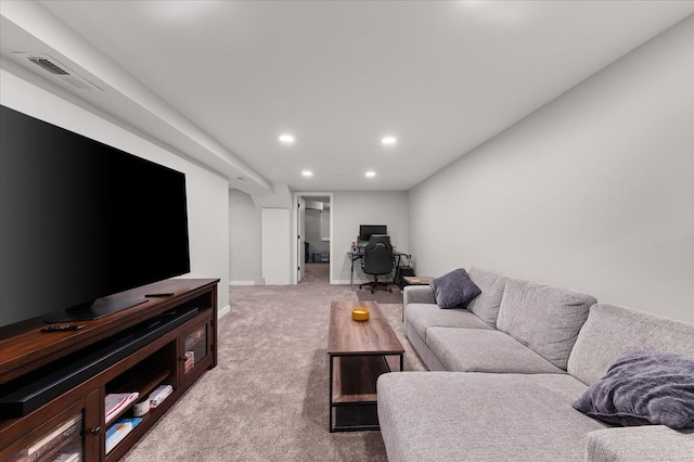 living room with recessed lighting, visible vents, carpet floors, and baseboards