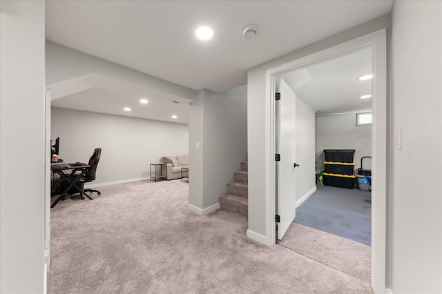 interior space with recessed lighting, stairway, baseboards, and carpet