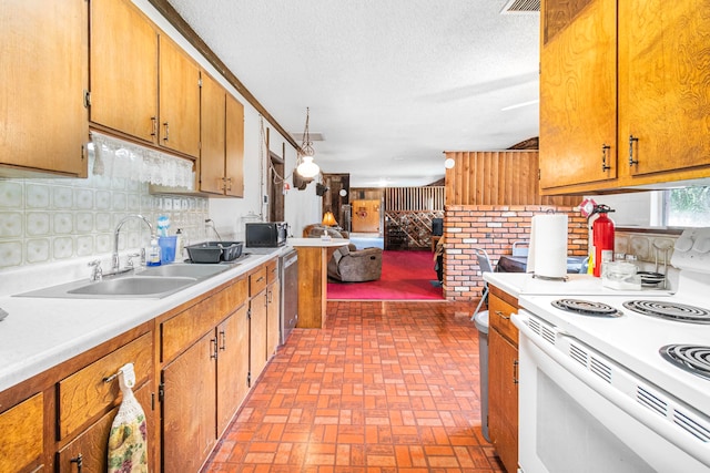 kitchen with backsplash, a textured ceiling, white electric range oven, dishwasher, and sink