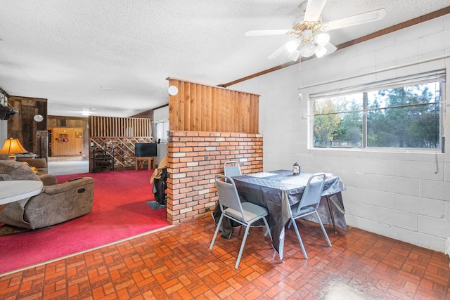 dining space featuring a textured ceiling and ceiling fan