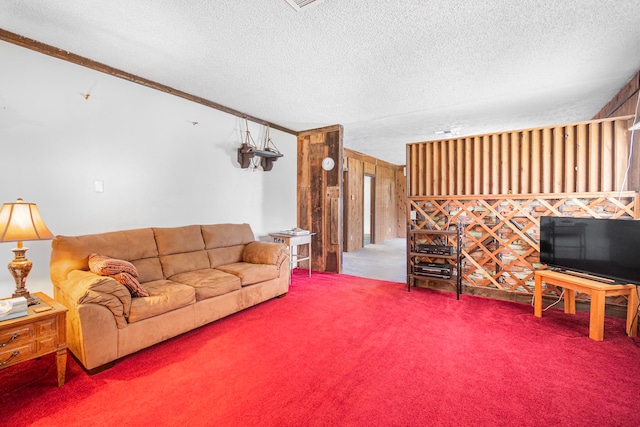 carpeted living room featuring a textured ceiling