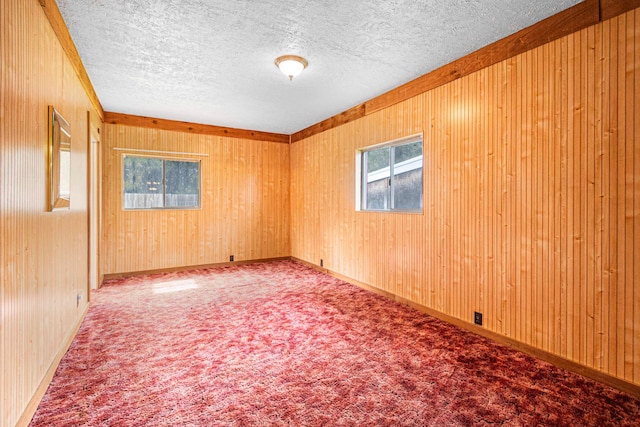 spare room featuring a textured ceiling, wooden walls, and carpet