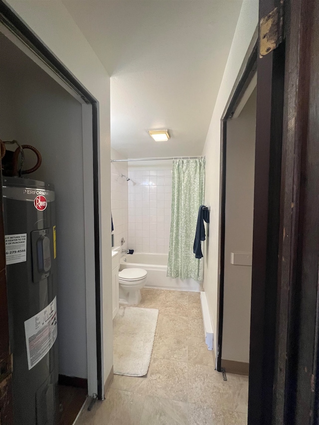 bathroom featuring toilet, water heater, and shower / bath combo with shower curtain