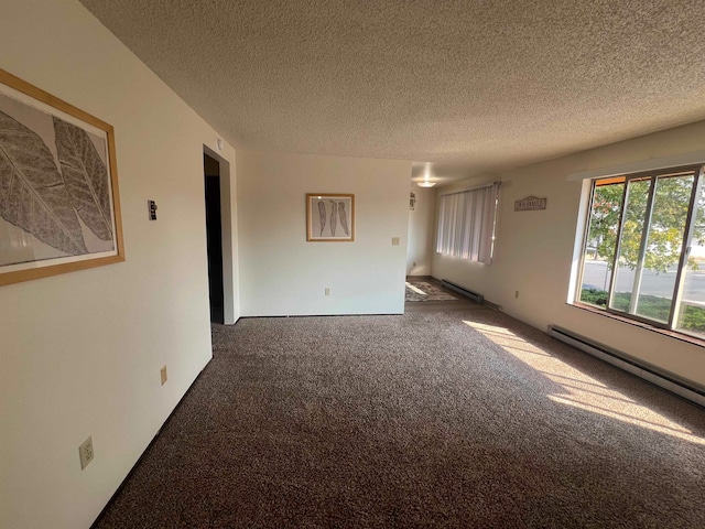 unfurnished living room featuring a textured ceiling, carpet flooring, and a baseboard radiator