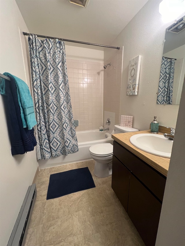 full bathroom featuring vanity, toilet, shower / bathtub combination with curtain, and a baseboard radiator